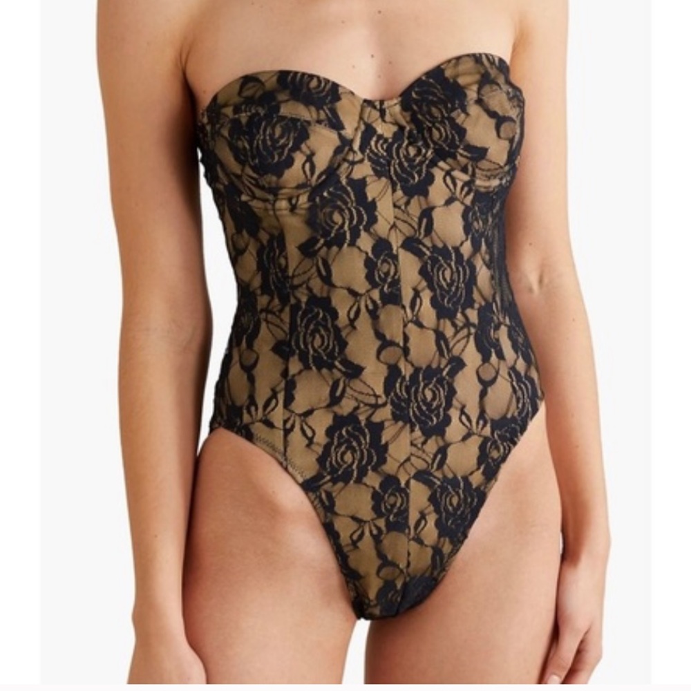 Norma Kamali Sz L Swimsuit Mio Corset Strapless Black Rose Lace Bodysuit Boho